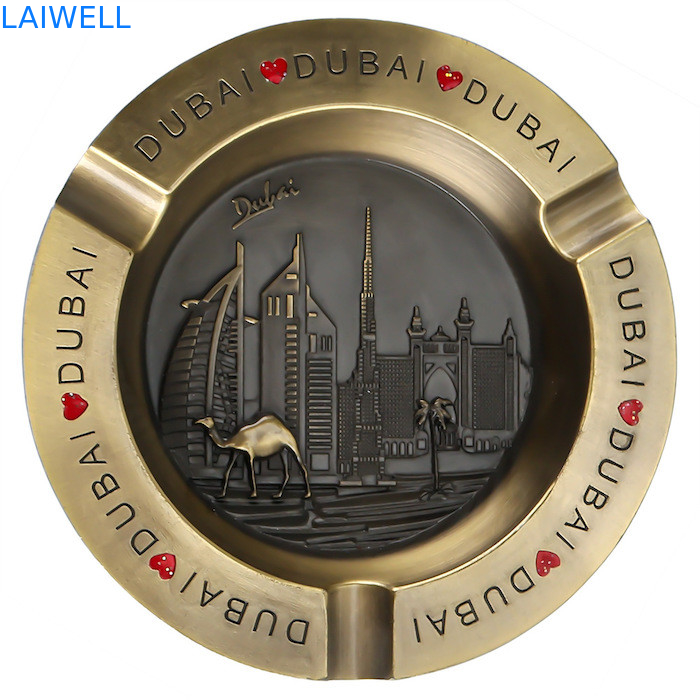 110*110MM Elegante cor dourada forma redonda fundição por fusão de zinco liga de metal cinzeiro de bolso