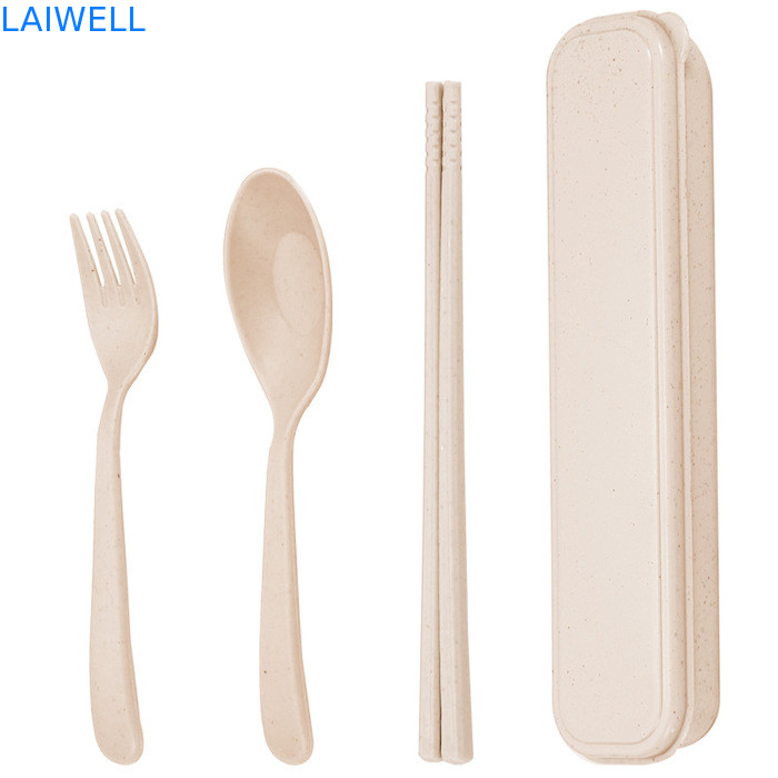 Colorido bege portátil de palha de trigo sustentável Fibra de 3 PC Flatware Set Eco Reutilizável Acessórios de mesa podem ser usados várias vezes Leve Não tóxico