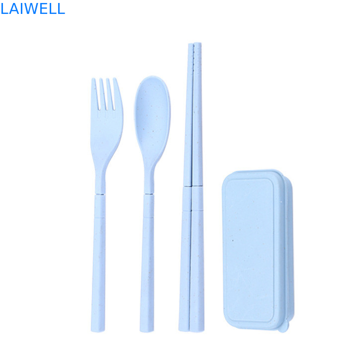 Eco Wheat Straw Fiber Blue Foldable 3-PC Flatware Set Acentuações sustentáveis de louça de mesa personalizáveis e reutilizáveis para o seu negócio ecológico