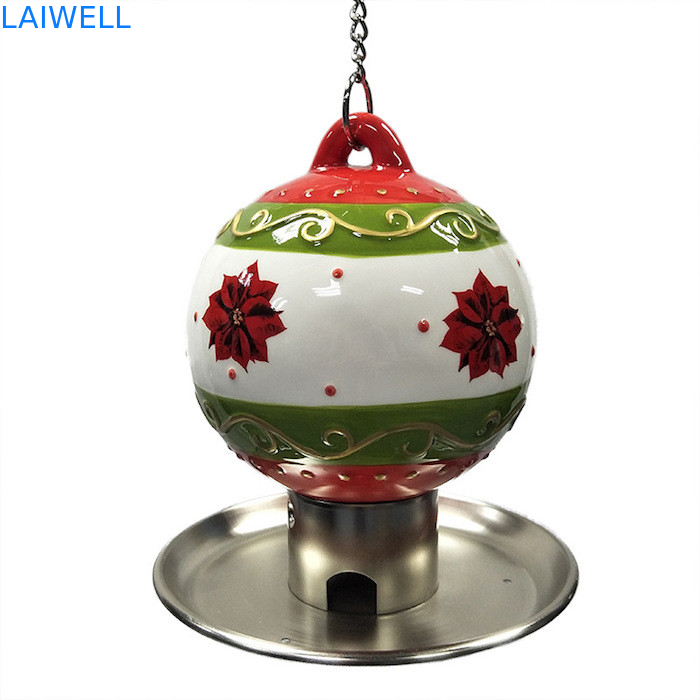 Alimentador cerâmico exterior do pássaro do metal da bola do Natal com a placa de carimbo chapeada do alimento do ferro